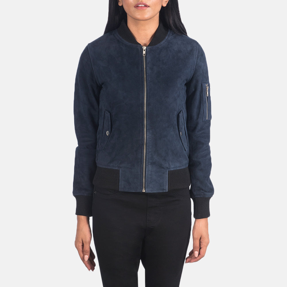Detailansicht of Rib Knit &amp; Zipper Hardware on Women's Ava Ma-1 Blue Suede Bomber Jacket