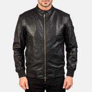 Detailansicht of Band with Snap Button &amp; Zipper with Dual Puller Hardware on Avan Black Leather Bomber Jacket