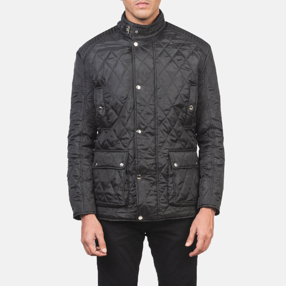 
Detailansicht of Belted Band & Button Hardware on Barry Gesteppt Schwarz Windbreaker Lederjacke für Herren