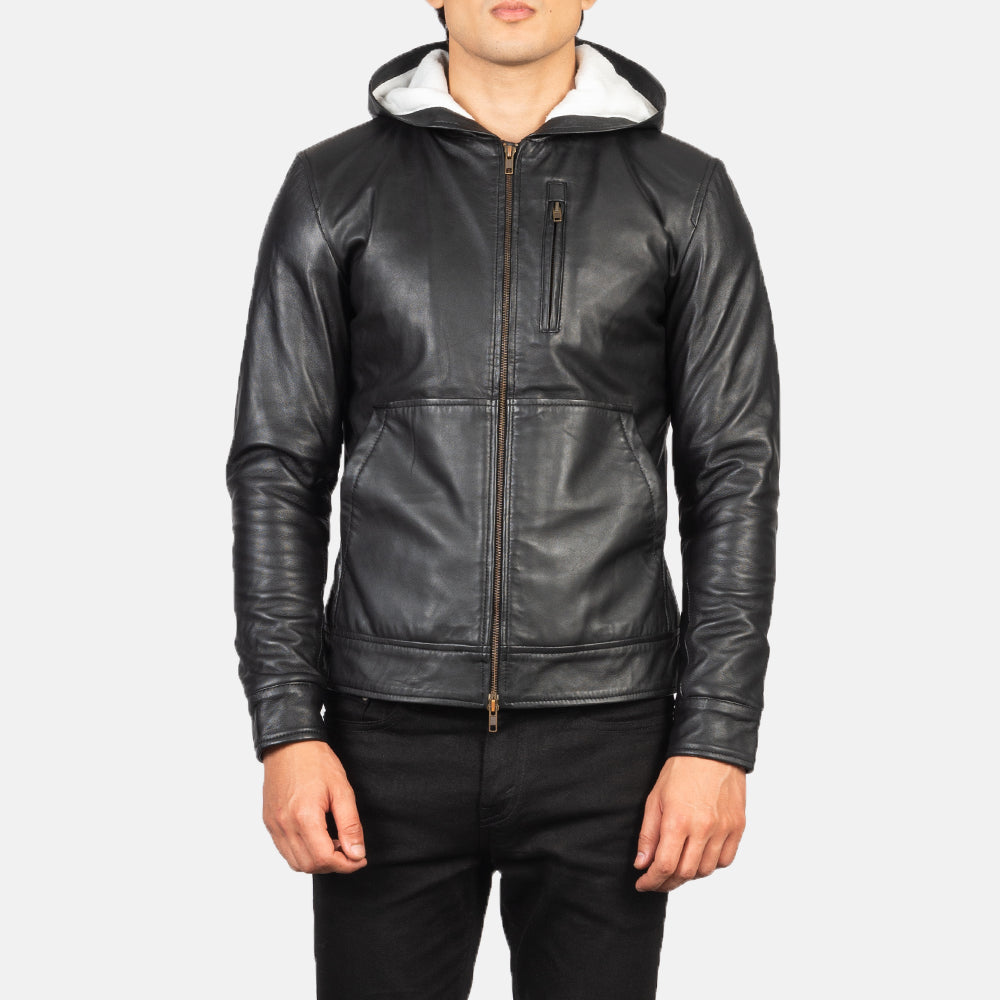 
Detailansicht of Hooded & Zipper Hardware on Baston Black Hooded Leather Bomber Jacket