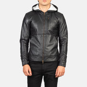 
Detailansicht of Hooded & Zipper Hardware on Baston Black Hooded Leather Bomber Jacket