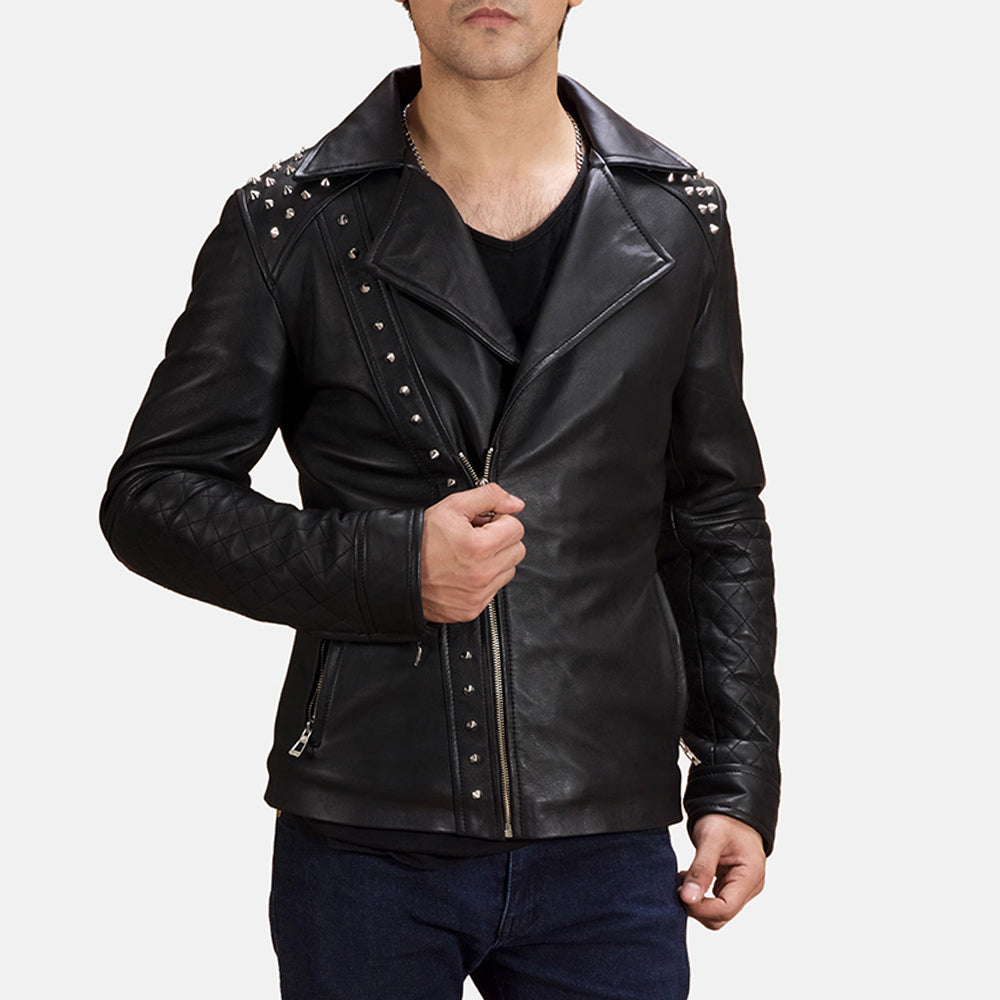 Men's Schwarz Studded Leder-Bikerjacke für Herren in Black Sheepskin Leather - Vorderansicht &amp; maßgeschneiderte Silhouette | Online Kaufen