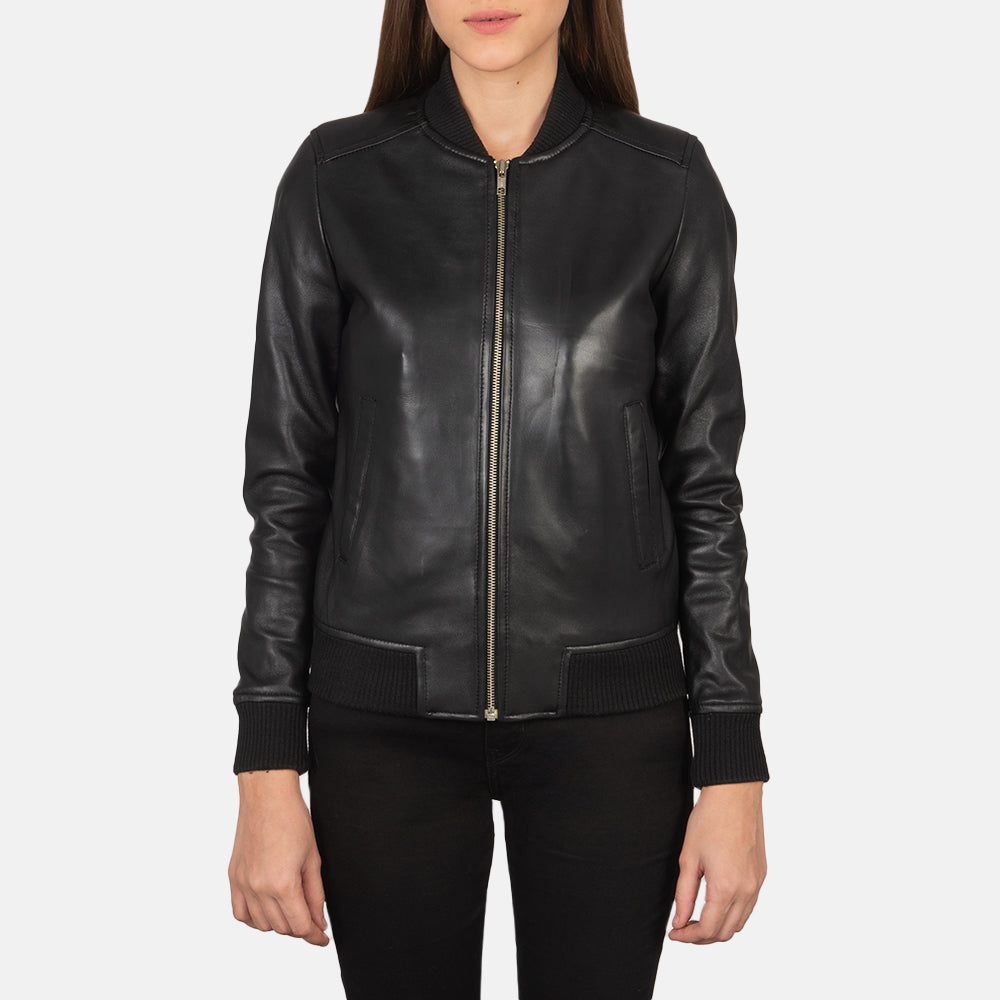 Detailansicht of Varsity - Rib Knit &amp; Zipper with Wind Flap Hardware on Women's Bliss Schwarz Leder-Bomberjacke für Damen
