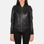 Detailansicht of Varsity - Rib Knit &amp; Zipper with Wind Flap Hardware on Women's Bliss Schwarz Leder-Bomberjacke für Damen
