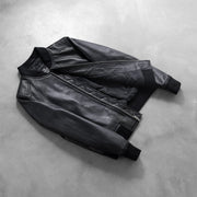 Styled Fit Perspective of Women's Bliss Schwarz Leder-Bomberjacke für Damen on Model - Natural Daylight Drape