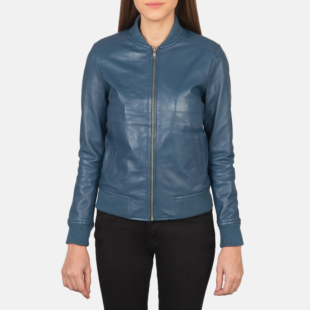 Detailansicht of Varsity - Rib Knit &amp; Zipper with Wind Flap Hardware on Women's Bliss Blau Leder-Bomberjacke für Damen