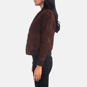 Brown Goatskin Suede Bomber Jacket - Rückansicht mit passgenauen Schultern &amp; sauberem Saum