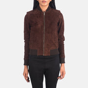 Detailansicht of Varsity - Rib Knit &amp; Zipper with Wind Flap Hardware on Women's Bliss Braun Suede Leder-Bomberjacke für Damen