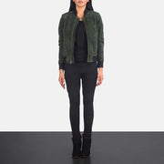 Women's Bliss Grün Suede Leder-Bomberjacke für Damen - Seitenansicht mit ergonomischem Ärmelschnitt