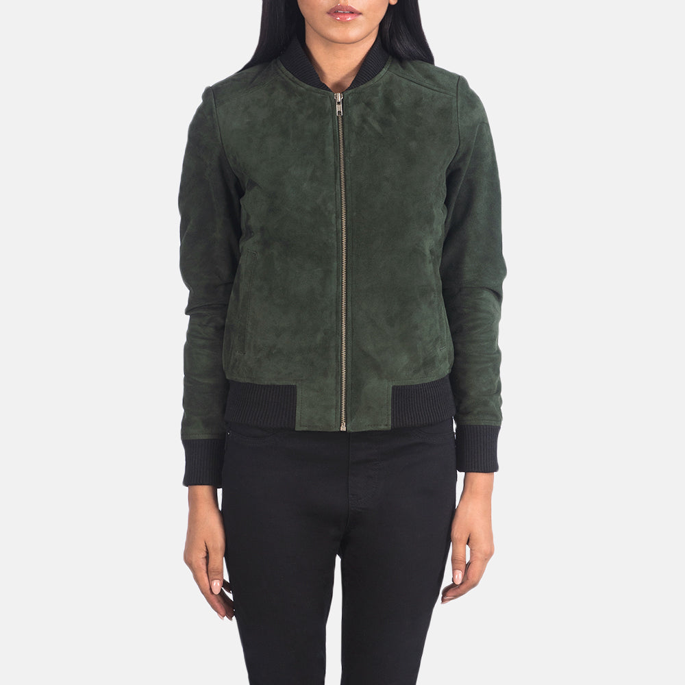 Detailansicht of Varsity - Rib Knit &amp; Zipper with Wind Flap Hardware on Women's Bliss Grün Suede Leder-Bomberjacke für Damen