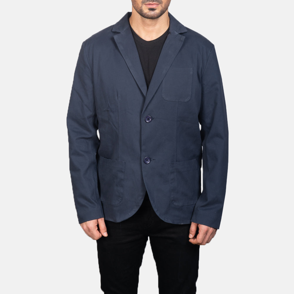 Detailansicht of Notch &amp; Button Hardware on Borges Navy Blau Lederblazer für Herren
