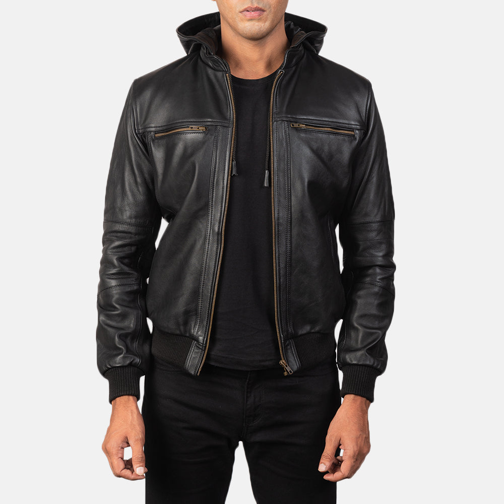 
Bouncer Biz Black Leather Hooded Bomber Jacket in Black Cowhide Leather - Vorderansicht & maßgeschneiderte Silhouette | Online Kaufen