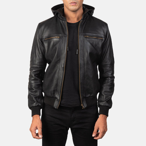 Men's Bouncer Biz Black Leather Hooded Bomber Jacket in Black Cowhide Leather - Front Profile View & Tailored Silhouette | Buy Online