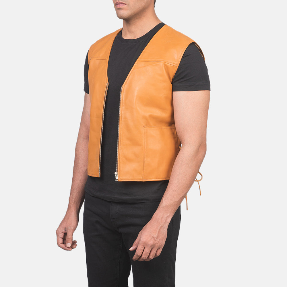 Tan Brown Sheepskin leather Vest - Rückansicht mit passgenauen Schultern &amp; sauberem Saum