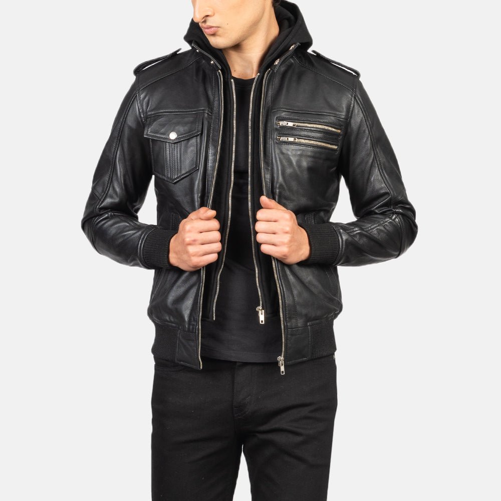 
Bravado Black Hooded Leather Bomber Jacket in Black Sheepskin Leather - Vorderansicht & maßgeschneiderte Silhouette | Online Kaufen