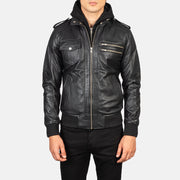 
Detailansicht of High Neck & Zipper Hardware on Bravado Black Hooded Leather Bomber Jacket