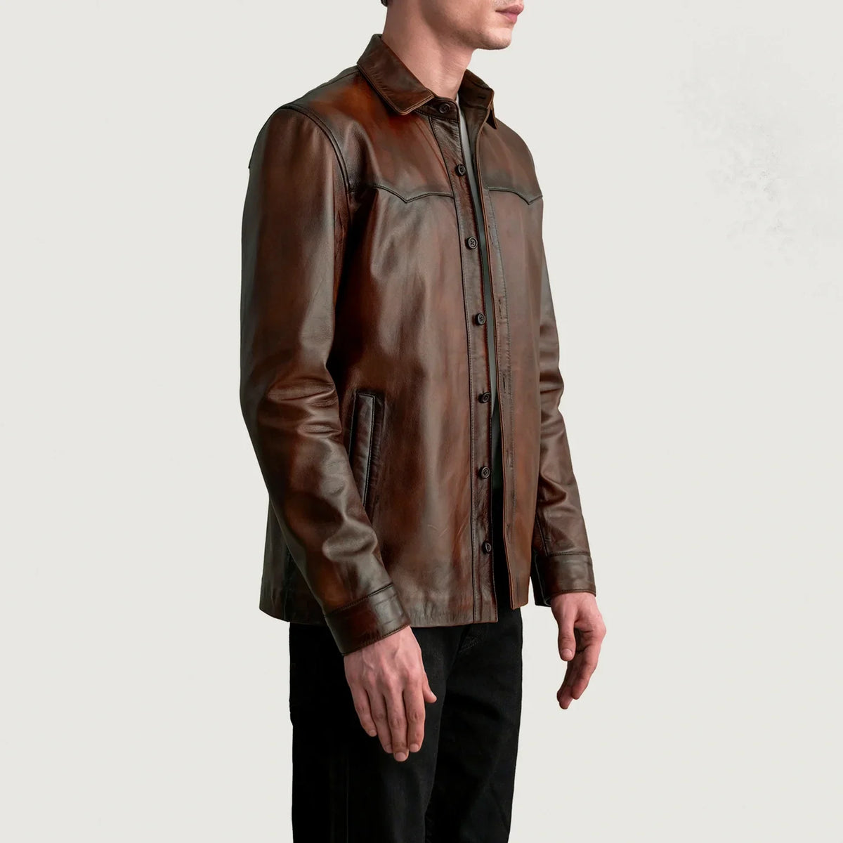 
Bronco Vintage-Braun Leather Shirt für Herren - Rückansicht mit passgenauen Schultern & sauberem Saum
