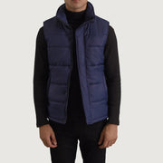 Bryan Blau Puffer Vest für Herren in Blue Full-Grain Leather - Vorderansicht &amp; maßgeschneiderte Silhouette | Online Kaufen