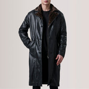 Cai Schwarz Leather Shearling Ledermantel für Herren For Men in Black Sheepskin Leather - Vorderansicht &amp; maßgeschneiderte Silhouette | Online Kaufen