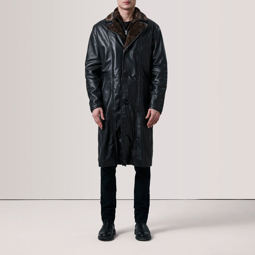 Cai Schwarz Leather Shearling Ledermantel für Herren