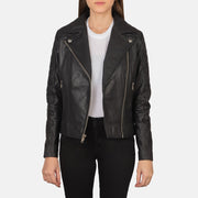 
Carolyn Quilted Black Biker Jacket in Black Goatskin Leather - Vorderansicht & maßgeschneiderte Silhouette | Online Kaufen