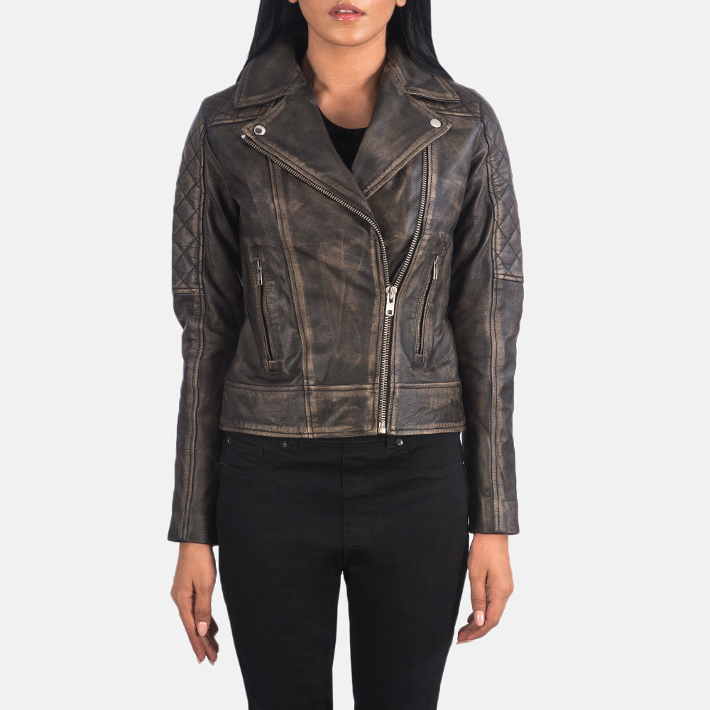 
Detailansicht of Notch & Zipper Hardware on Carolyn Quilted Distressed Brown Biker Jacket