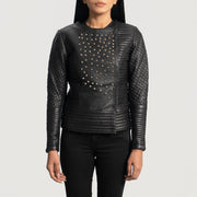 Women's Celeste Studded Schwarz Lederjacke für Damen in Black Sheepskin Leather - Vorderansicht &amp; maßgeschneiderte Silhouette | Online Kaufen