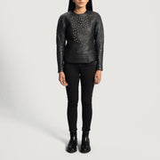 Detailansicht of Classic Collar &amp; Snap Button Hardware on Women's Celeste Studded Schwarz Lederjacke für Damen
