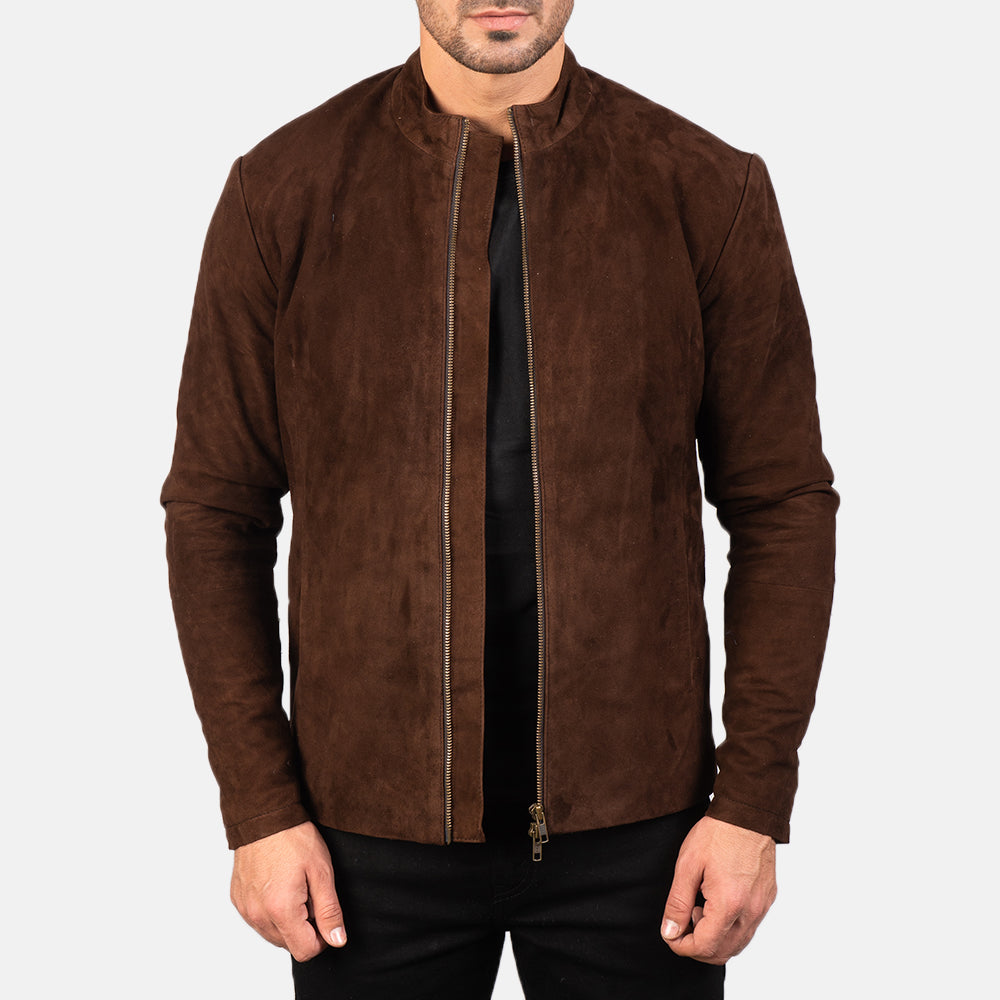 Men's Charcoal Mocha Suede Leder-Bikerjacke für Herren in Dark Brown Goatskin Suede - Vorderansicht &amp; maßgeschneiderte Silhouette | Online Kaufen