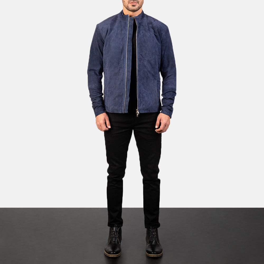 
Charcoal Navy Blau Suede Leder-Bikerjacke für Herren - Seitenansicht mit ergonomischem Ärmelschnitt & sportlicher Passform