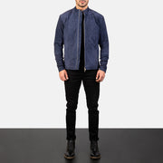 
Charcoal Navy Blau Suede Leder-Bikerjacke für Herren - Seitenansicht mit ergonomischem Ärmelschnitt & sportlicher Passform