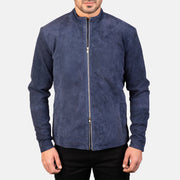 
Detailansicht of Mandarin & Zipper with Dual Puller Hardware on Charcoal Navy Blau Suede Leder-Bikerjacke für Herren