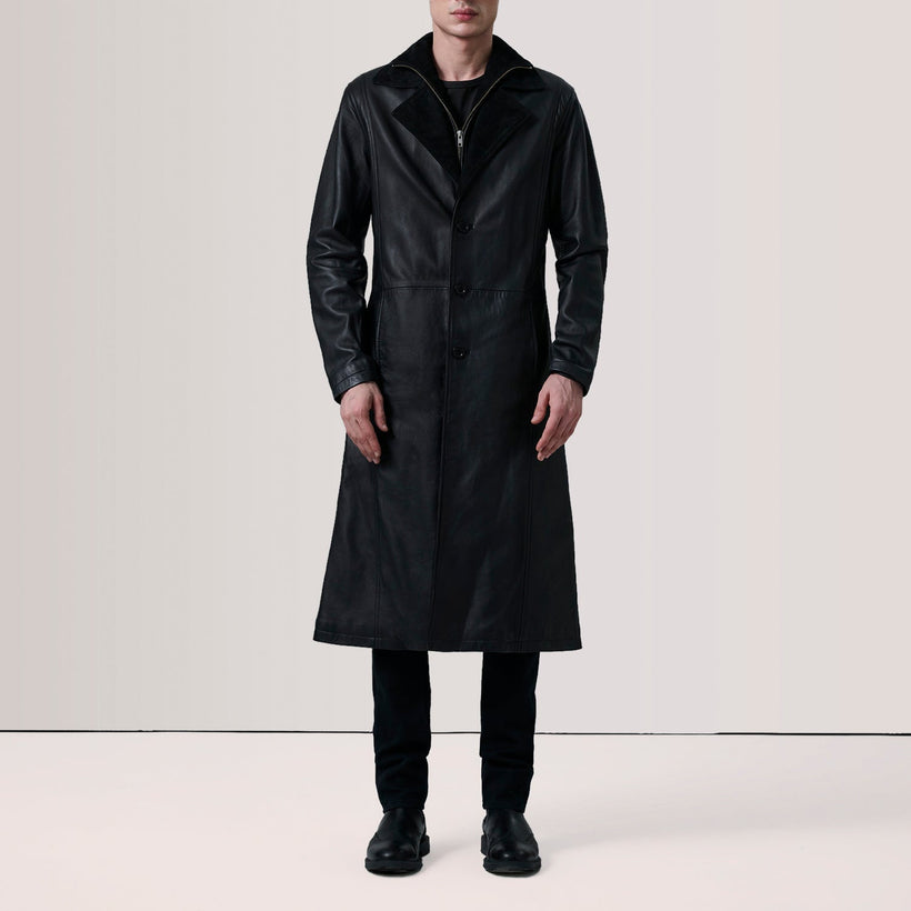 Charlton Schwarz Leather Single Breasted Ledermantel für Herren