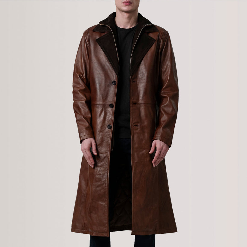 Charlton Waxed Braun Leather Single Breasted Ledermantel für Herren