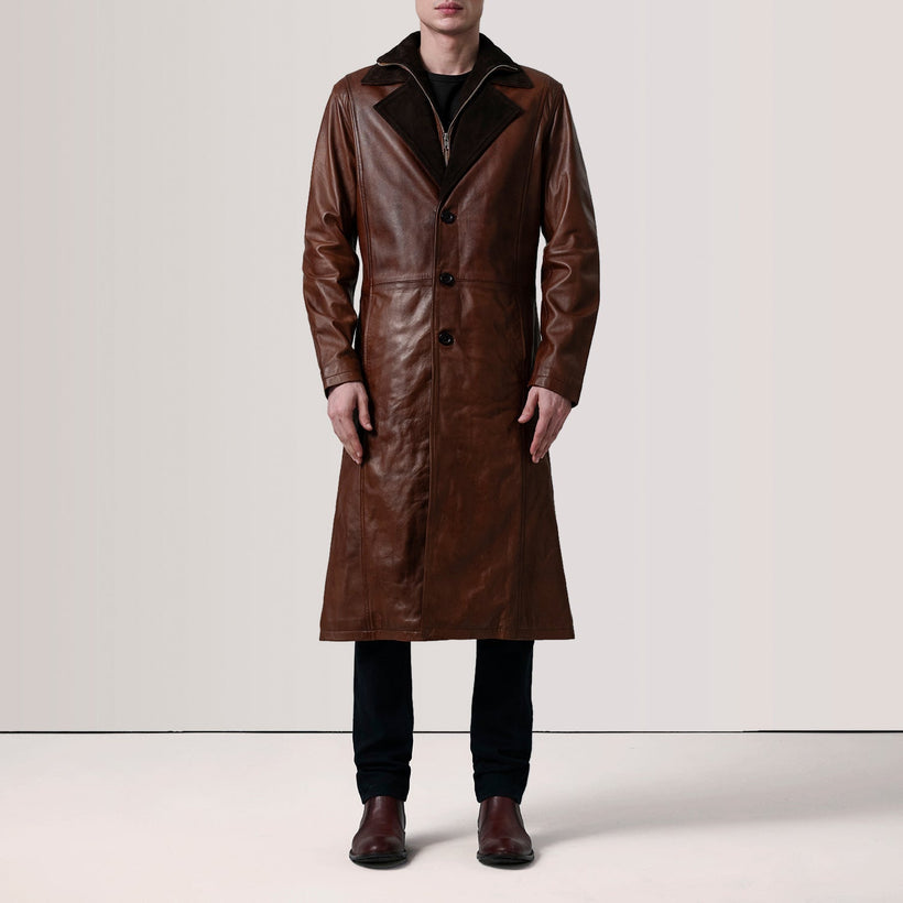 Charlton Waxed Braun Leather Single Breasted Ledermantel für Herren