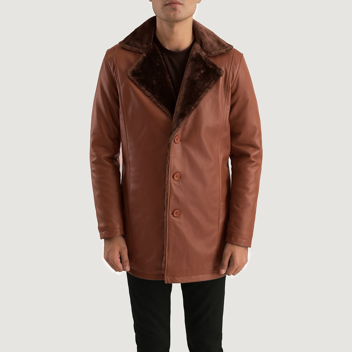 Men's Cinnamon Braun Leather Fur Ledermantel für Herren in Brown Sheepskin Burnishing - Vorderansicht &amp; maßgeschneiderte Silhouette | Online Kaufen