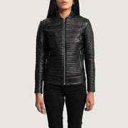 Women's Cityscape Schwarz Leder-Bikerjacke für Damen in Black Sheepskin Leather - Vorderansicht &amp; maßgeschneiderte Silhouette | Online Kaufen