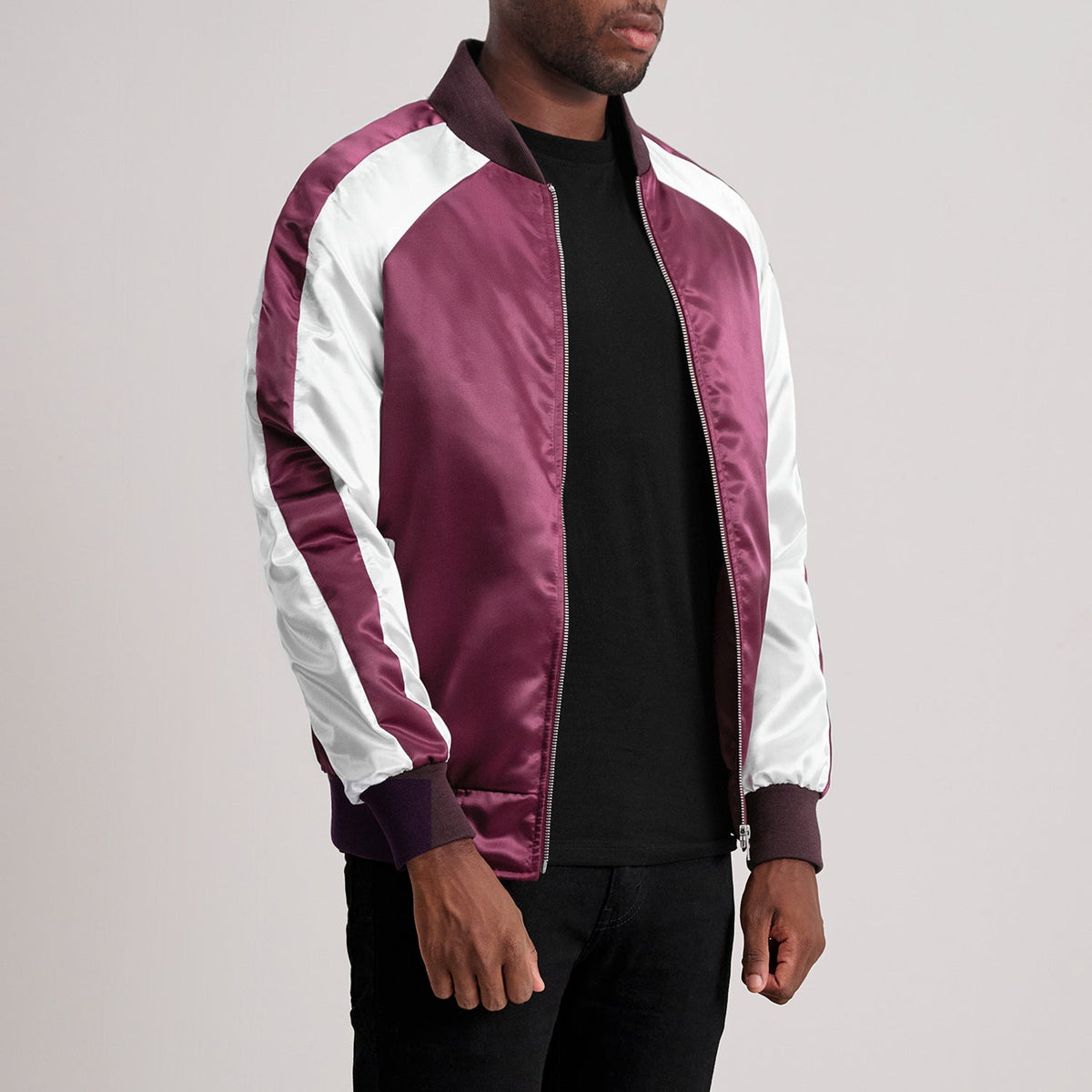 Maroon &amp; White Satin Aviator Jacket - Rückansicht mit passgenauen Schultern &amp; sauberem Saum