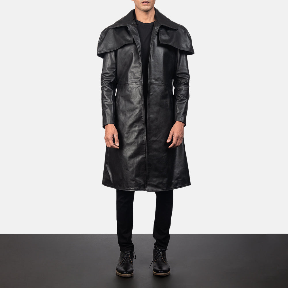 Men's Classic Schwarz Leather Duster für Herren in Black Cowhide Leather - Vorderansicht &amp; maßgeschneiderte Silhouette | Online Kaufen