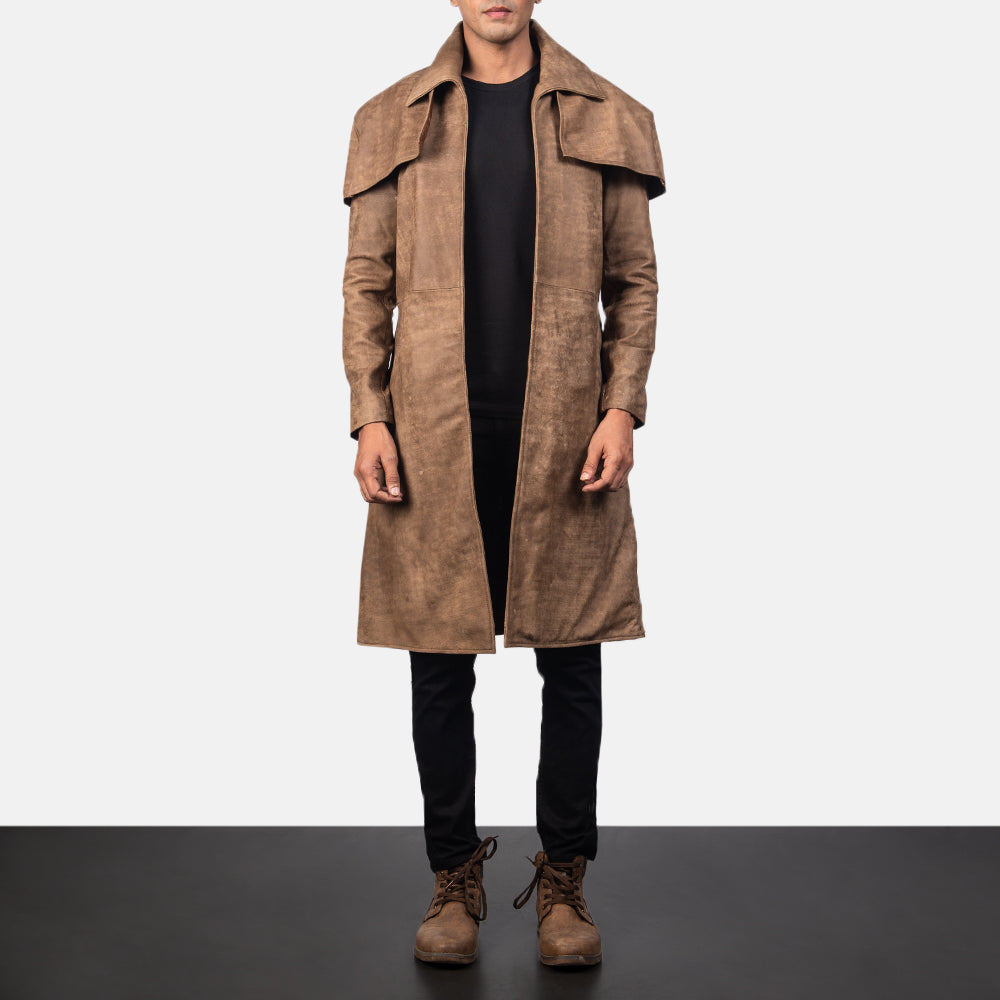 Men's Classic Braun Leather Duster für Herren in Distressed Brown Sheepskin Snuffed - Vorderansicht &amp; maßgeschneiderte Silhouette | Online Kaufen