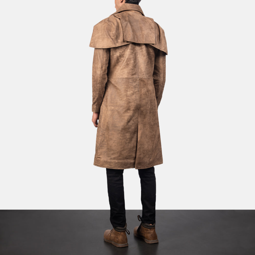 Men's Classic Braun Leather Duster für Herren - Seitenansicht mit ergonomischem Ärmelschnitt