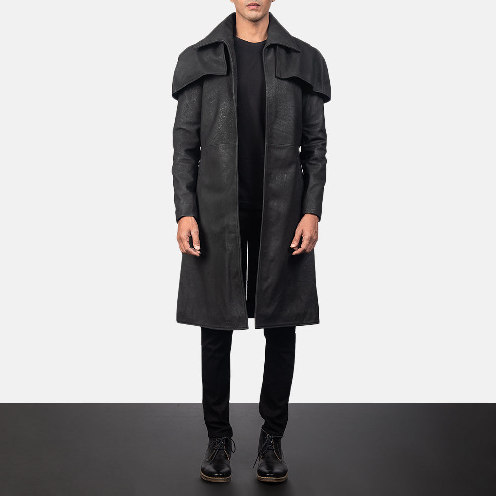 Men's Classic Distressed Schwarz Leather Duster für Herren in Distressed Black Sheepskin Snuffed - Vorderansicht &amp; maßgeschneiderte Silhouette | Online Kaufen
