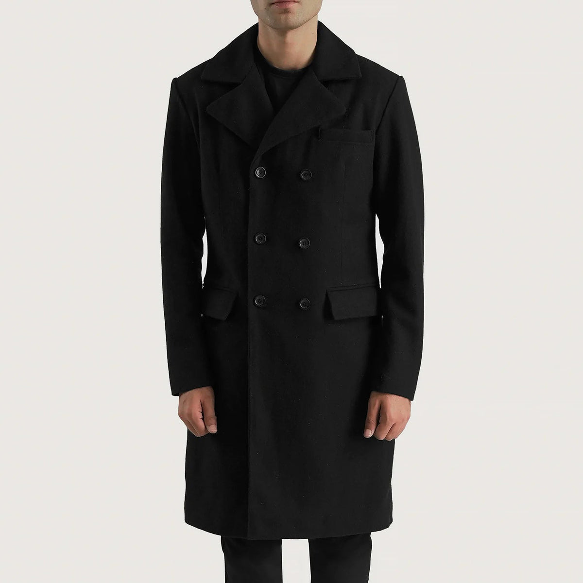 
Claud Black Wool Double Breasted Coat in Black Synthetic Wool - Vorderansicht & maßgeschneiderte Silhouette | Online Kaufen