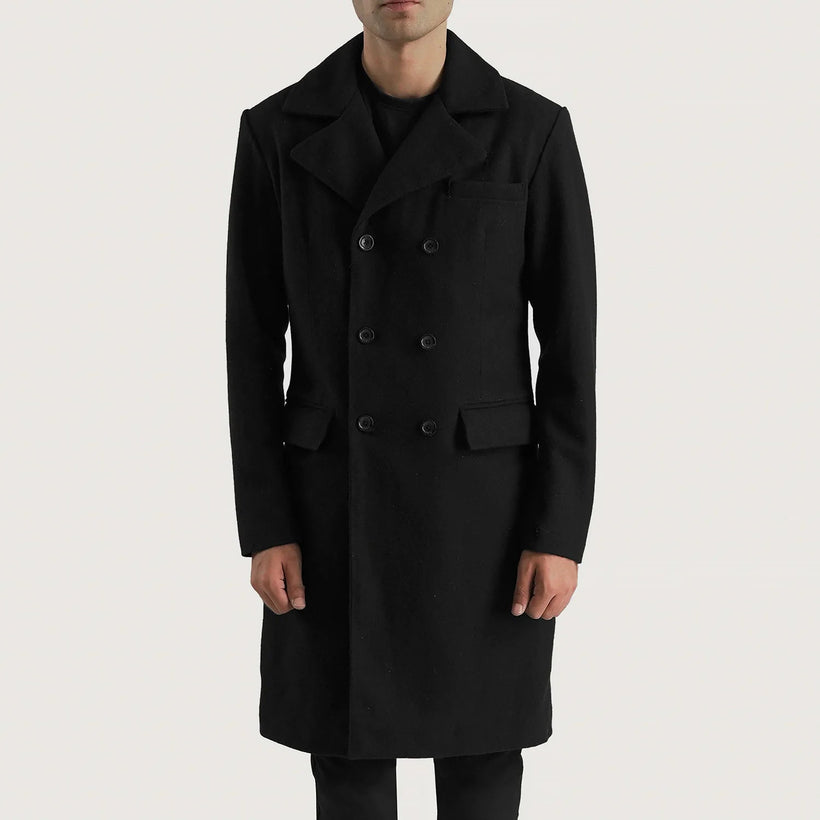 Claud Schwarz Wool Double-Breasted Ledermantel für Herren