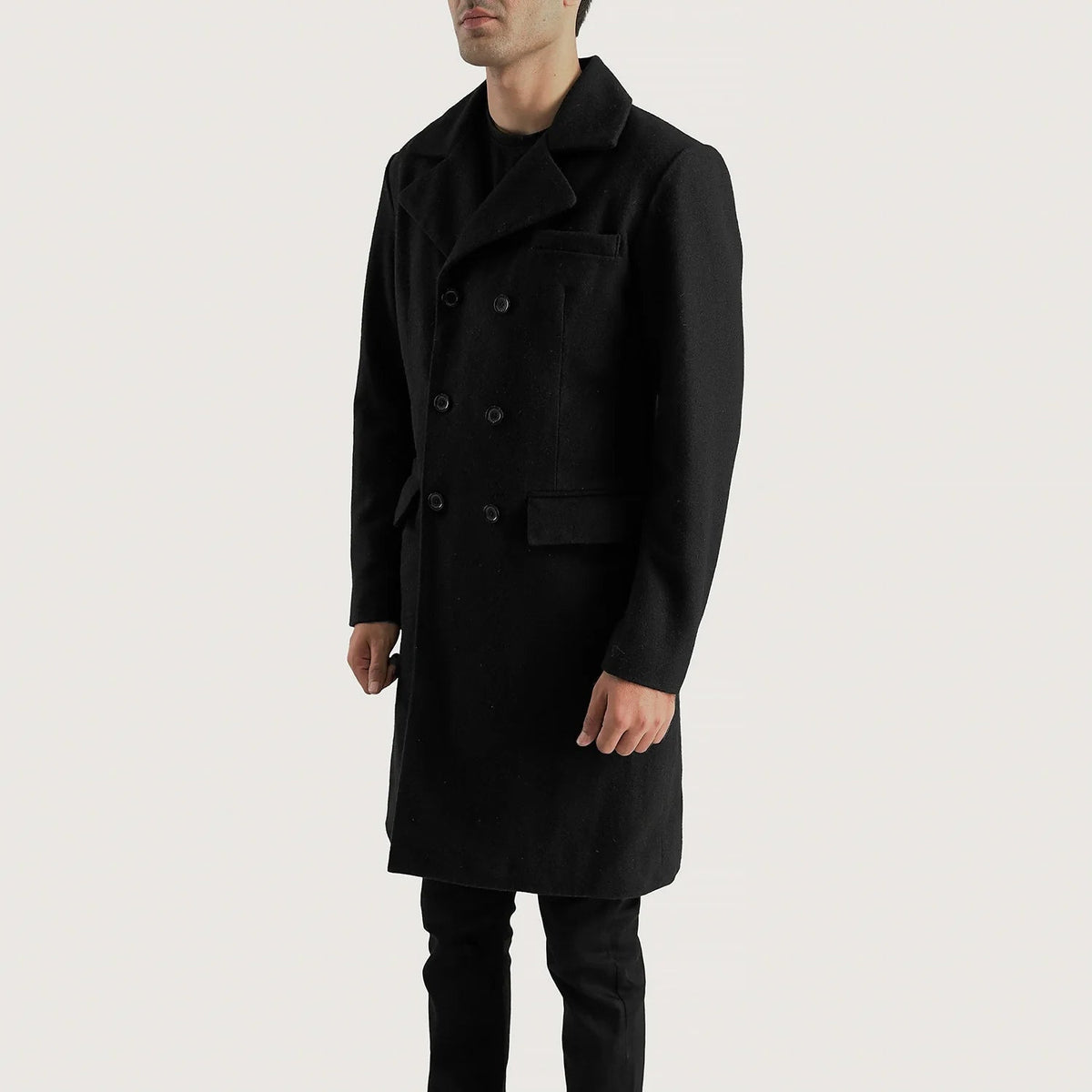 
Black Synthetic Wool Trench Coat - Rückansicht mit passgenauen Schultern & sauberem Saum