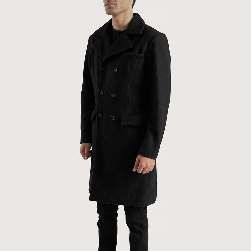 Claud Schwarz Wool Double-Breasted Ledermantel für Herren