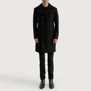 
Claud Black Wool Double Breasted Coat - Seitenansicht mit ergonomischem Ärmelschnitt & sportlicher Passform