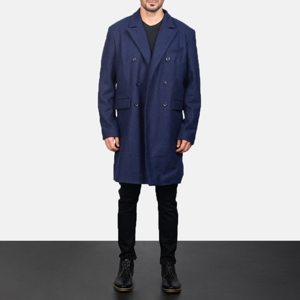 Men's Blue Wool Double Breasted Coat in Navy Blue Synthetic Wool - Vorderansicht &amp; maßgeschneiderte Silhouette | Online Kaufen