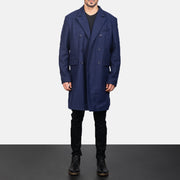 Men's Blue Wool Double Breasted Coat in Navy Blue Synthetic Wool - Vorderansicht &amp; maßgeschneiderte Silhouette | Online Kaufen