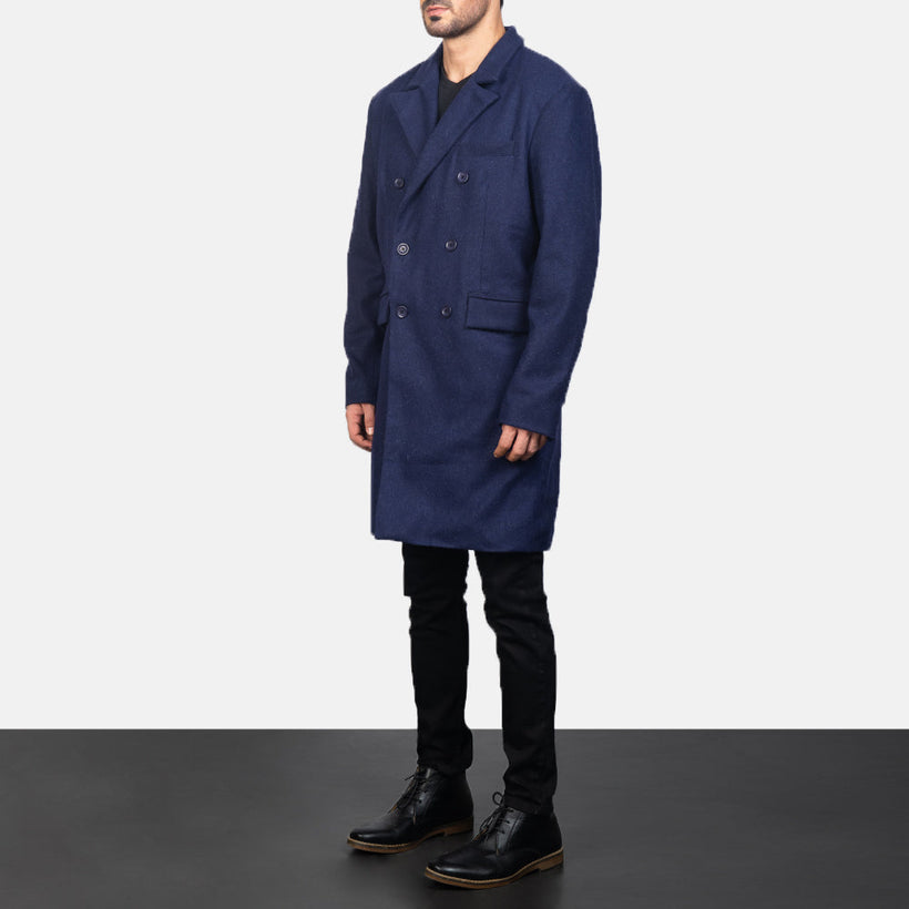 Claud Blau Wool Double-Breasted Ledermantel für Herren